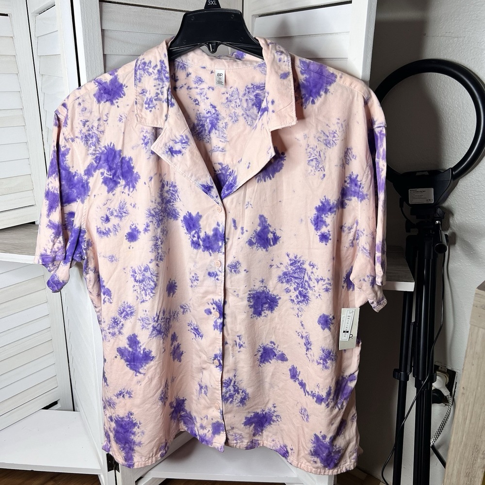 BP Oversized Tie Dye Short Sleeve Button‎ Front Shirt Pink Purple Size 2X NWT